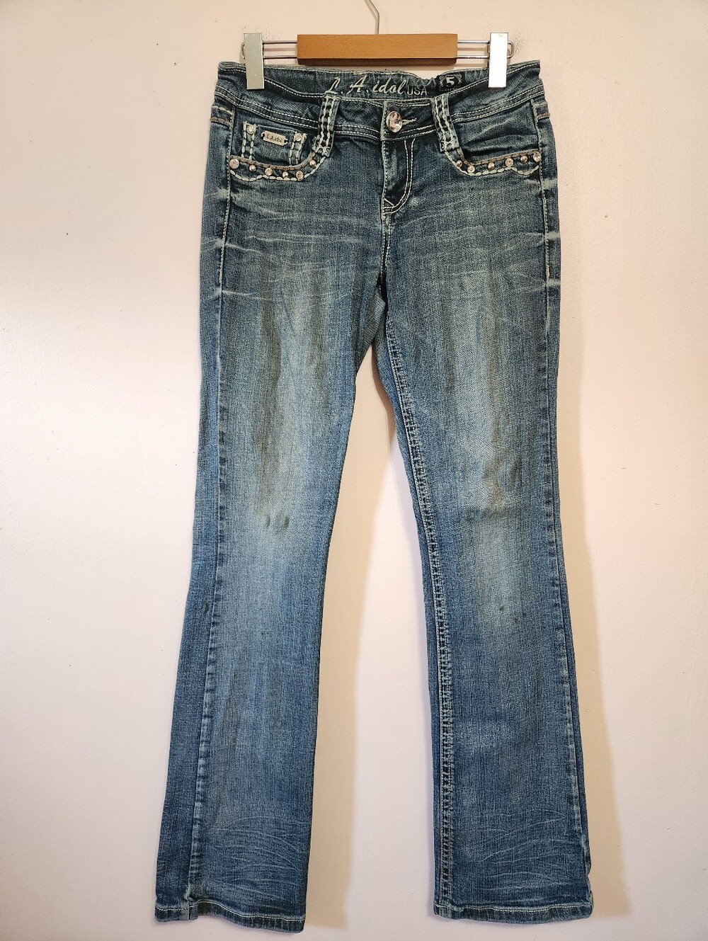 Y2K L.A. Idol McBling Thick Stitch Rhinestone Flap Pocket Denim Jeans Size 5/29